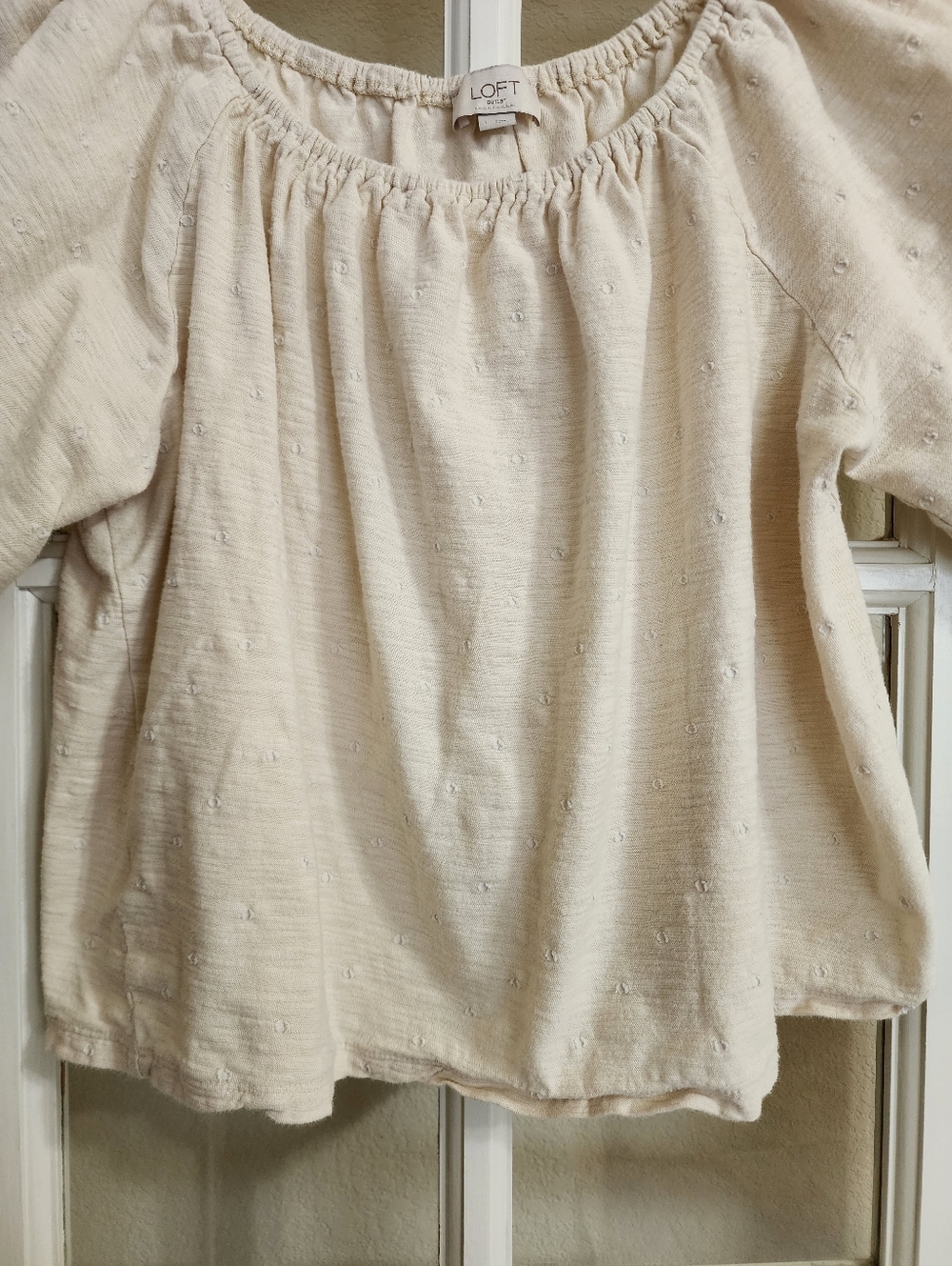 LOFT Outlet Cream Swiss Dot Puff Sleeve Blouse Scoop Neck Cottagecore L - Picture 6 of 10
